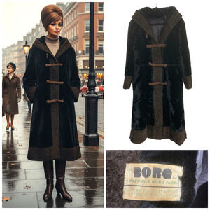 Vintage 1960's BORG Deep Pile Faux Fur Coat Toggle Front Hooded Mod UK Sz S/M